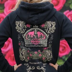 Y2K Hard Rock Cafe Hotel Hollywood FL Womens S Hoodie Full Zip Rose Crown Fringe